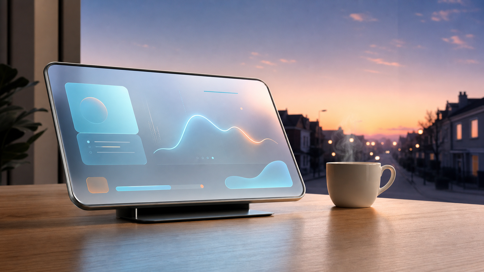 Modernes Tablet mit cleaner Briefing-UI auf einem hellen Holztisch, eine Kaffeetasse mit Dampf, durch das Fenster ein Wohnviertel im Morgenlicht